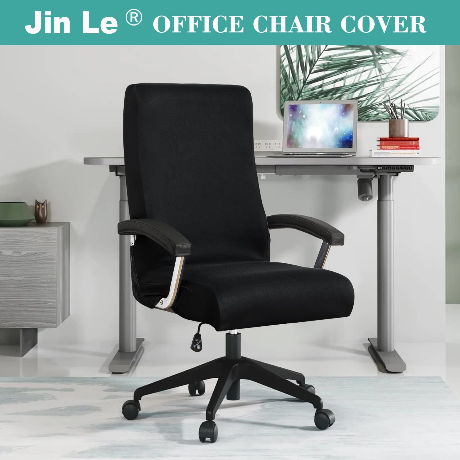 Jin Le Office Chair Cover- Large, Black- Removable Computer Chair Cover for Office Chair with Zipper for Universal Rotating Chair Desk Chair Cover High Back Chair Seat Washable Protector for Pets