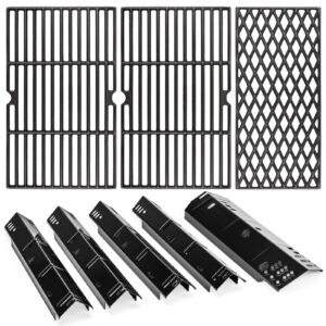 uniflasy grill replacement parts for dyna-glo dgh474crp,dgh485crp,grill part kit for dyna-glo 3/4/5 burner grill,5-pack porcelain steel grill heat plates, 3-pack cast iron cooking grates