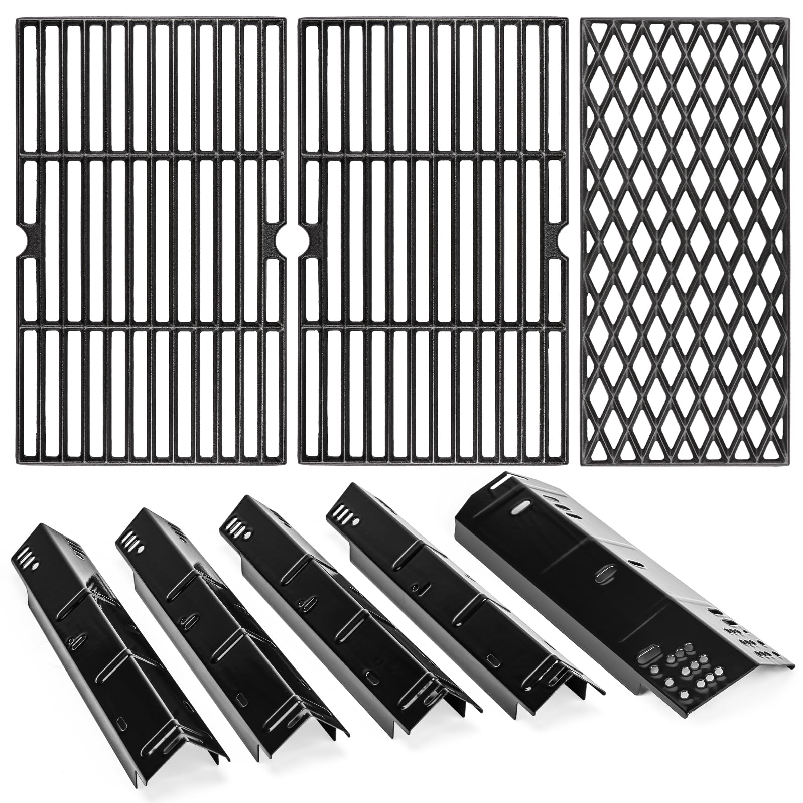 Uniflasy Grill Replacement Parts for Dyna-Glo DGH474CRP,DGH485CRP,Grill Part Kit for Dyna-Glo 3/4/5 Burner Grill,5-Pack Porcelain Steel Grill Heat Plates, 3-Pack Cast Iron Cooking Grates