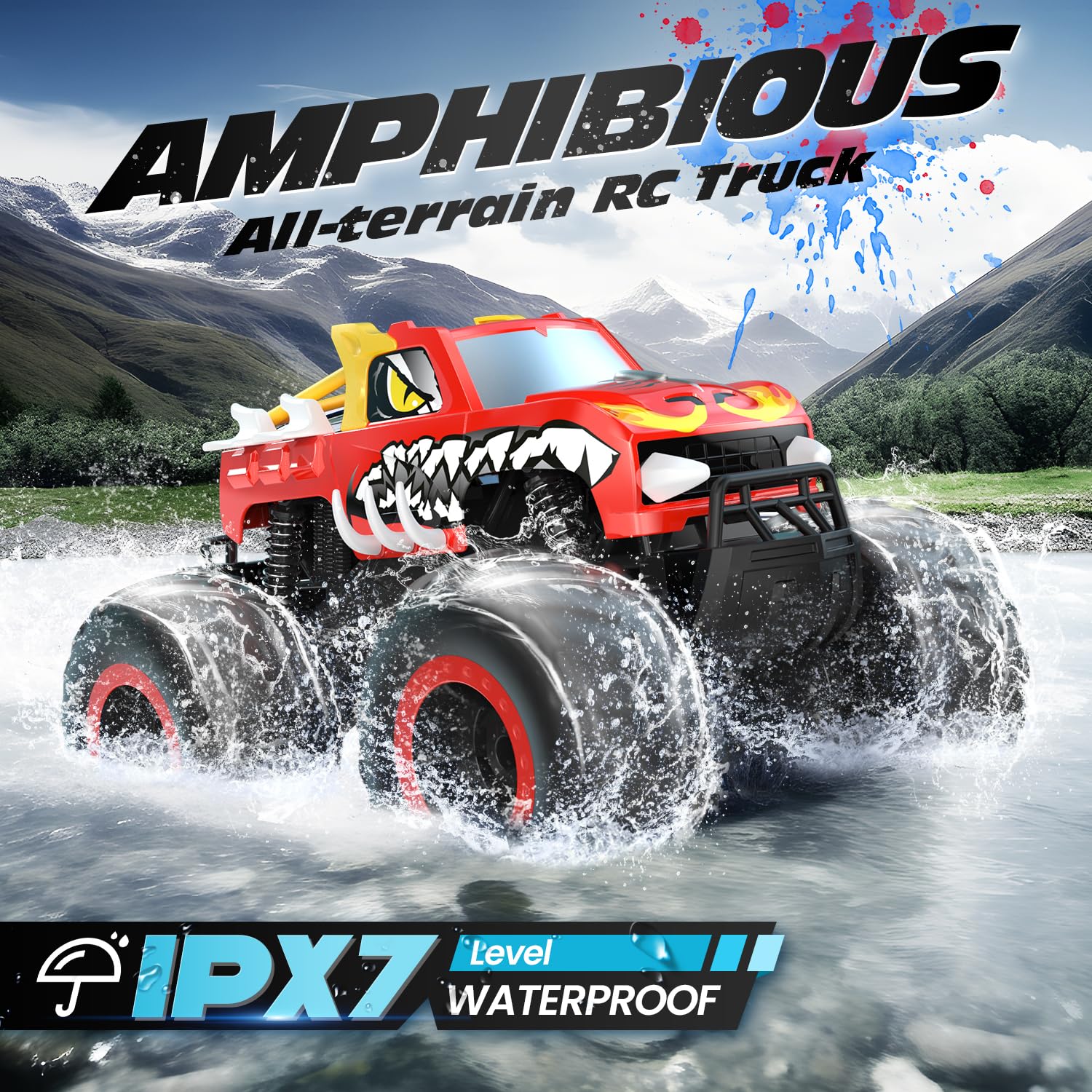 DEERC 1:16 Amphibious RC Monster Trucks IPX7 Waterproof Remote Control Car 4WD Dual Motors All Terrain Off Road 2.4Ghz RC Cars Boat Toys Gifts for Boys Girls Kids Adults