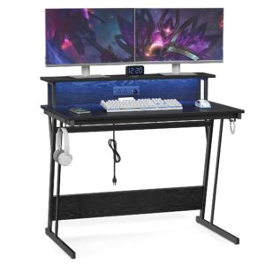 VASAGLE LED Gaming Desk with Power Outlets, Computer Desk with USB Ports, Office Desk with Monitor Stand for 2 Monitors, with Hooks, for Bedroom, 23.6 x 39.4 x 29.5 Inches Ebony Black ULWD091B56