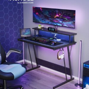 VASAGLE LED Gaming Desk with Power Outlets, Computer Desk with USB Ports, Office Desk with Monitor Stand for 2 Monitors, with Hooks, for Bedroom, 23.6 x 39.4 x 29.5 Inches Ebony Black ULWD091B56