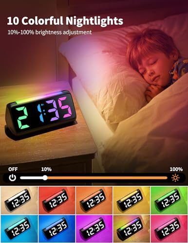 Netzu Digital Alarm Clocks for Bedrooms, Bedside Clocks with RGB Night Light, Rainbow Time, Large Display, Dual Alarm, Snooze, LED Desk Dimmable Alarm Clock for Kids Teens (Black)