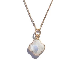 joyfulmuze genuine rainbow moonstone clover necklace, 18kt gold over sterling silver, handcrafted gifts for women and girls, luck four leaf pendant, 18 inches long (rainbow-moonstone-gold)