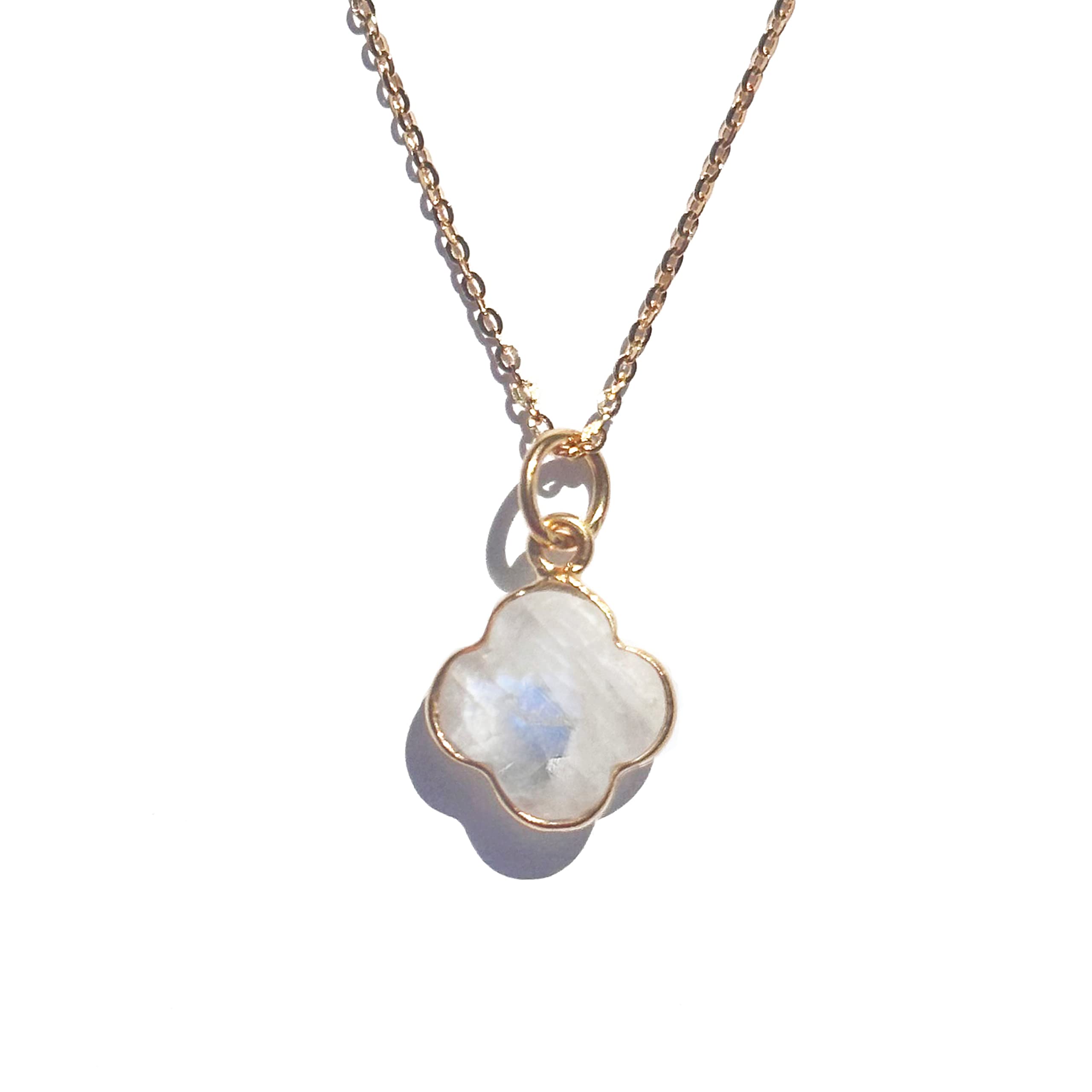 Joyfulmuze Genuine Rainbow Moonstone Clover Necklace, 18kt Gold Over Sterling Silver, Handcrafted Gifts for Women and Girls, Luck Four Leaf Pendant, 18 inches long (Rainbow-Moonstone-Gold)