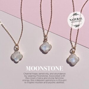 Joyfulmuze Genuine Rainbow Moonstone Clover Necklace, 18kt Gold Over Sterling Silver, Handcrafted Gifts for Women and Girls, Luck Four Leaf Pendant, 18 inches long (Rainbow-Moonstone-Gold)