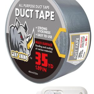 GRAY RHINO Duct Tape Heavy Duty Waterproof 1.88in 105ft/35yd Tearable with No Residue Strong Adhesive Duct Tape for Packaging Tape Indoor&Outdoor Repair Blackout Tape (1, Silver)