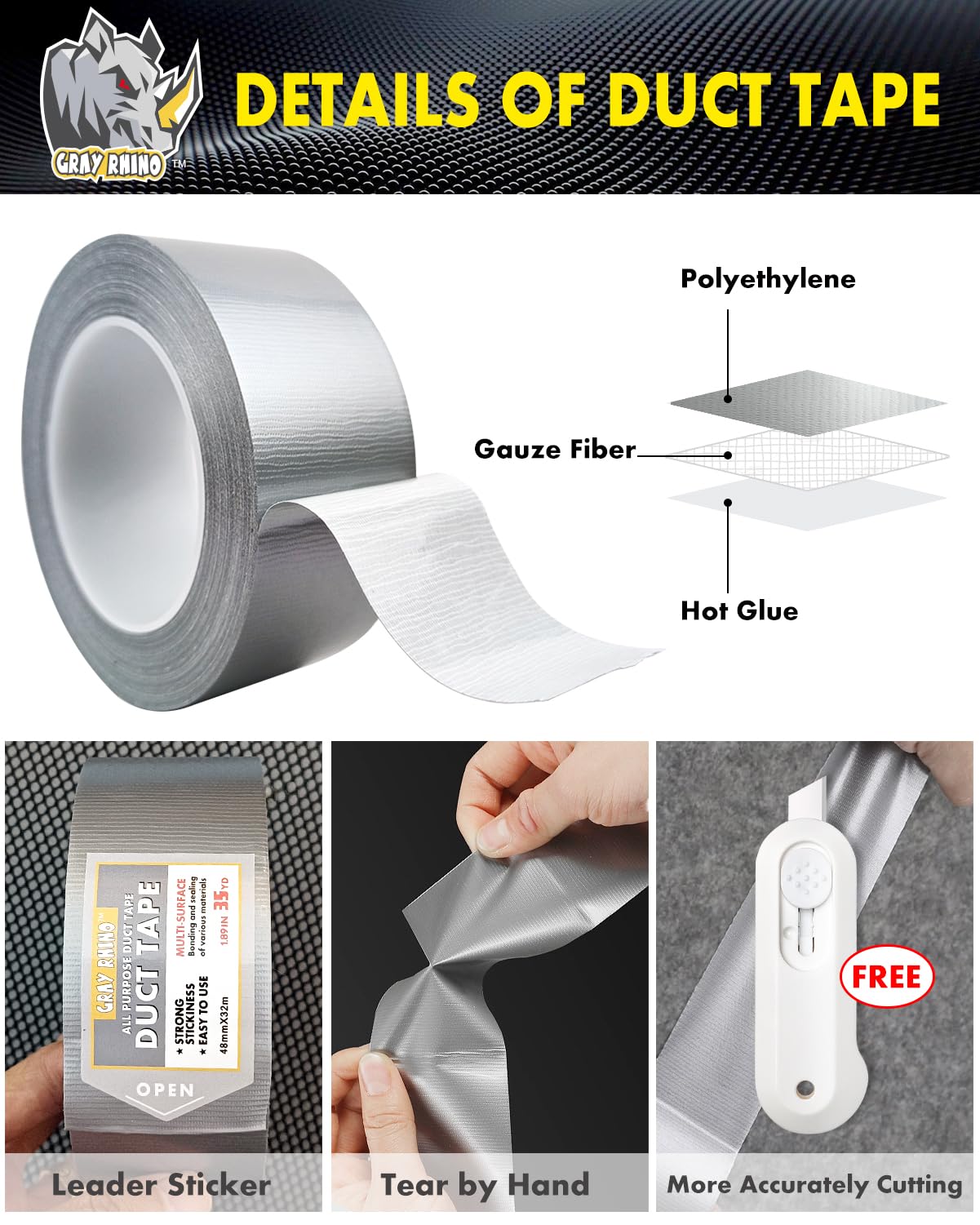 GRAY RHINO Duct Tape Heavy Duty Waterproof 1.88in 105ft/35yd Tearable with No Residue Strong Adhesive Duct Tape for Packaging Tape Indoor&Outdoor Repair Blackout Tape (1, Silver)