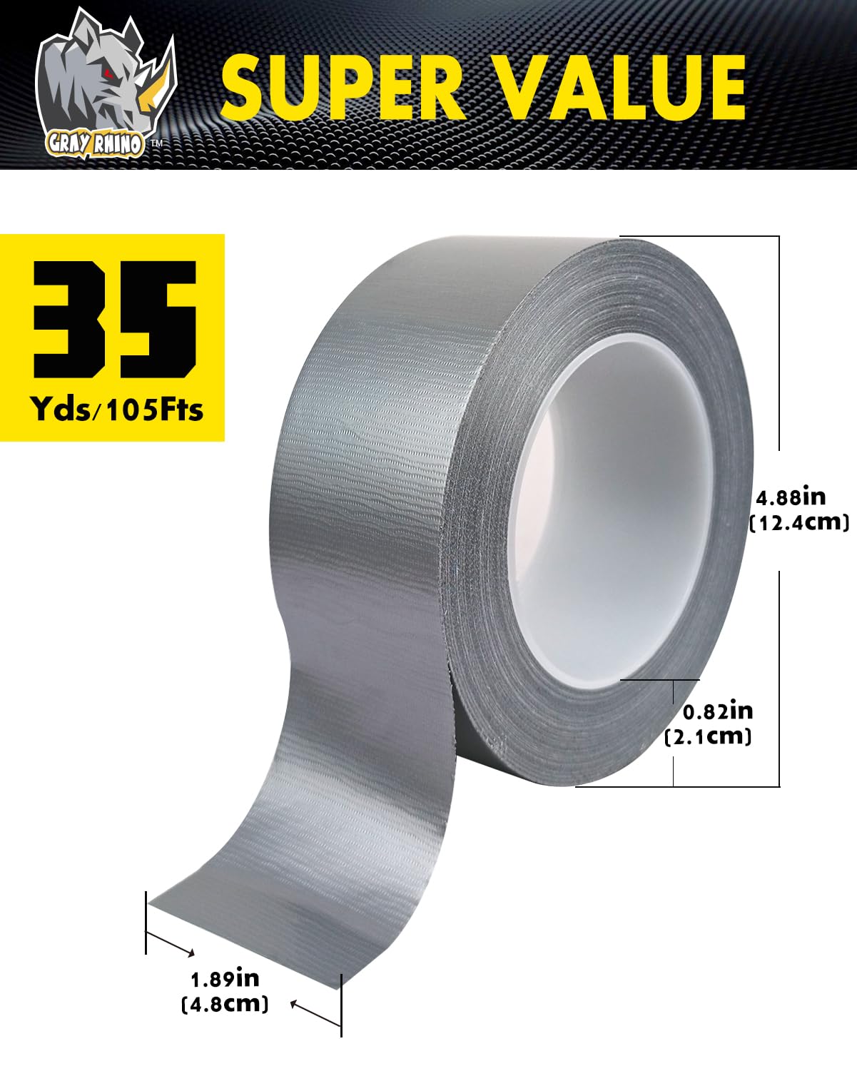 GRAY RHINO Duct Tape Heavy Duty Waterproof 1.88in 105ft/35yd Tearable with No Residue Strong Adhesive Duct Tape for Packaging Tape Indoor&Outdoor Repair Blackout Tape (1, Silver)