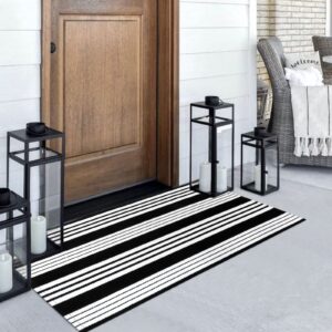 Black and White Striped Outdoor Rug, 2’ x 4.3’ Cotton Hand-Woven Reversible Front Porch Rug Washable Front Door Mat Entryway Rugs Welcome Layered Doormat Carpet for Patio Farmhouse Kitchen