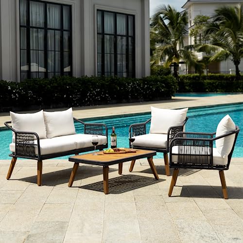 Idzo Serene Patio Conversation Sets, 800lbs Capacity FSC Certified Acacia Wood Outdoor Furniture with 3.9in Thick Soft Cushions, 4 Pieces Modern Rope_Cream Opal