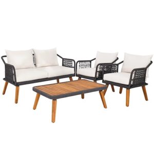 Idzo Serene Patio Conversation Sets, 800lbs Capacity FSC Certified Acacia Wood Outdoor Furniture with 3.9in Thick Soft Cushions, 4 Pieces Modern Rope_Cream Opal