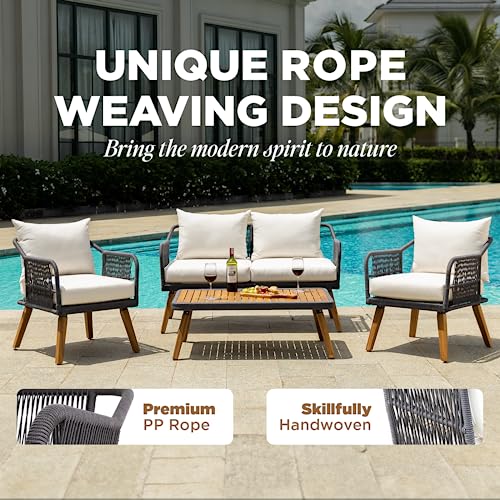 Idzo Serene Patio Conversation Sets, 800lbs Capacity FSC Certified Acacia Wood Outdoor Furniture with 3.9in Thick Soft Cushions, 4 Pieces Modern Rope_Cream Opal