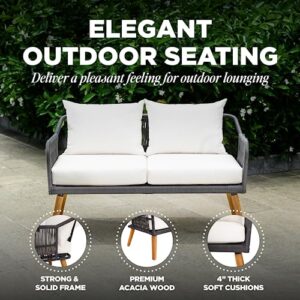 Idzo Serene Patio Conversation Sets, 800lbs Capacity FSC Certified Acacia Wood Outdoor Furniture with 3.9in Thick Soft Cushions, 4 Pieces Modern Rope_Cream Opal