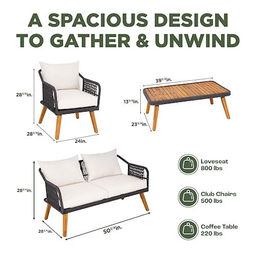 Idzo Serene Patio Conversation Sets, 800lbs Capacity FSC Certified Acacia Wood Outdoor Furniture with 3.9in Thick Soft Cushions, 4 Pieces Modern Rope_Cream Opal