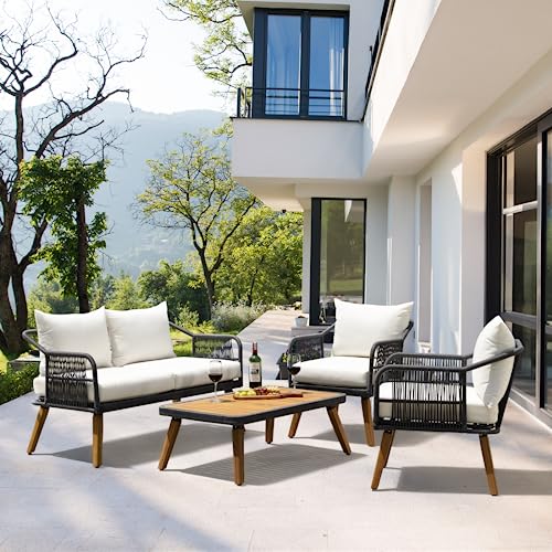 Idzo Serene Patio Conversation Sets, 800lbs Capacity FSC Certified Acacia Wood Outdoor Furniture with 3.9in Thick Soft Cushions, 4 Pieces Modern Rope_Cream Opal