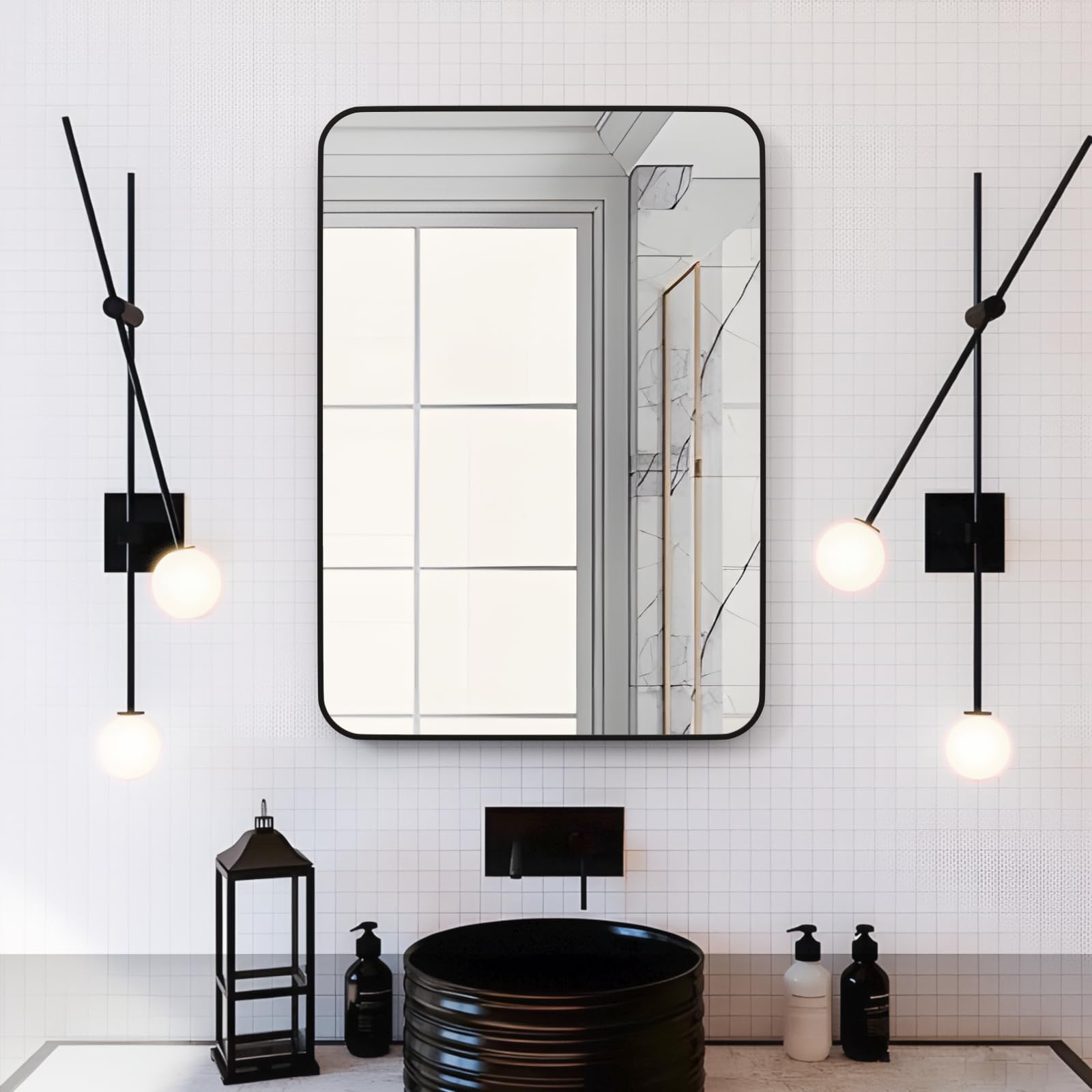 Manocorro Wall Mirror Bathroom Mirror, 20 x 28 Inch Black Rectangular Mirror with Aluminum Alloy Frame, Rounded Corner Hanging Mirror Decor for Entryway, Bedroom, Living Room