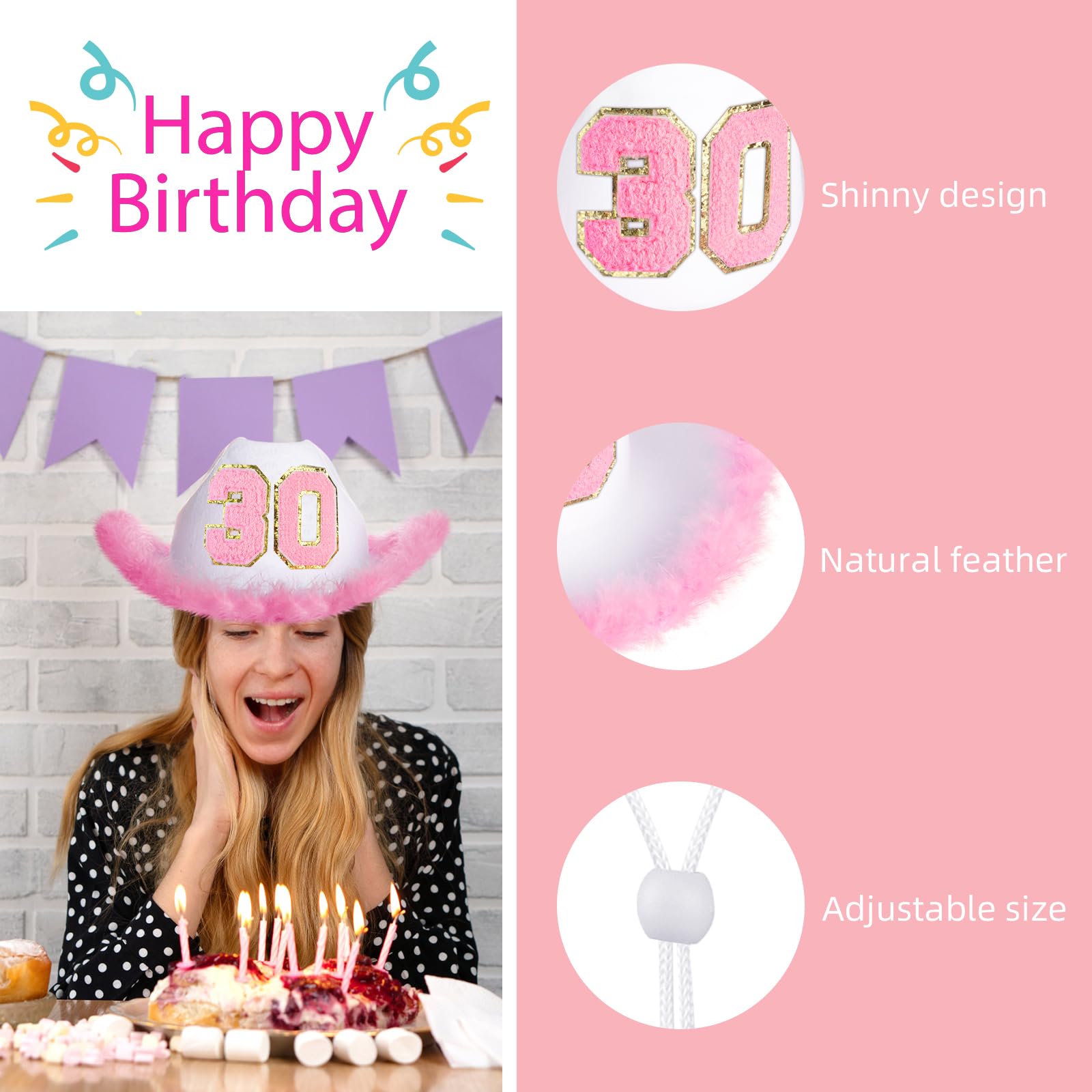 JUSTOTRY 30th Birthday Pink Cowboy Hat - 30TH Birth day Outfit Gifts for Women Cowgirl Hats with Wide Brime for 30th Birthday Decorations