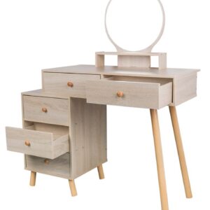 Vintage Vanity Table Dressing Set with Cushioned Stool and 5 Storage Drawers, Wooded Makeup Table with Large Round Mirror for Women Girls Bedroom Small Spaces