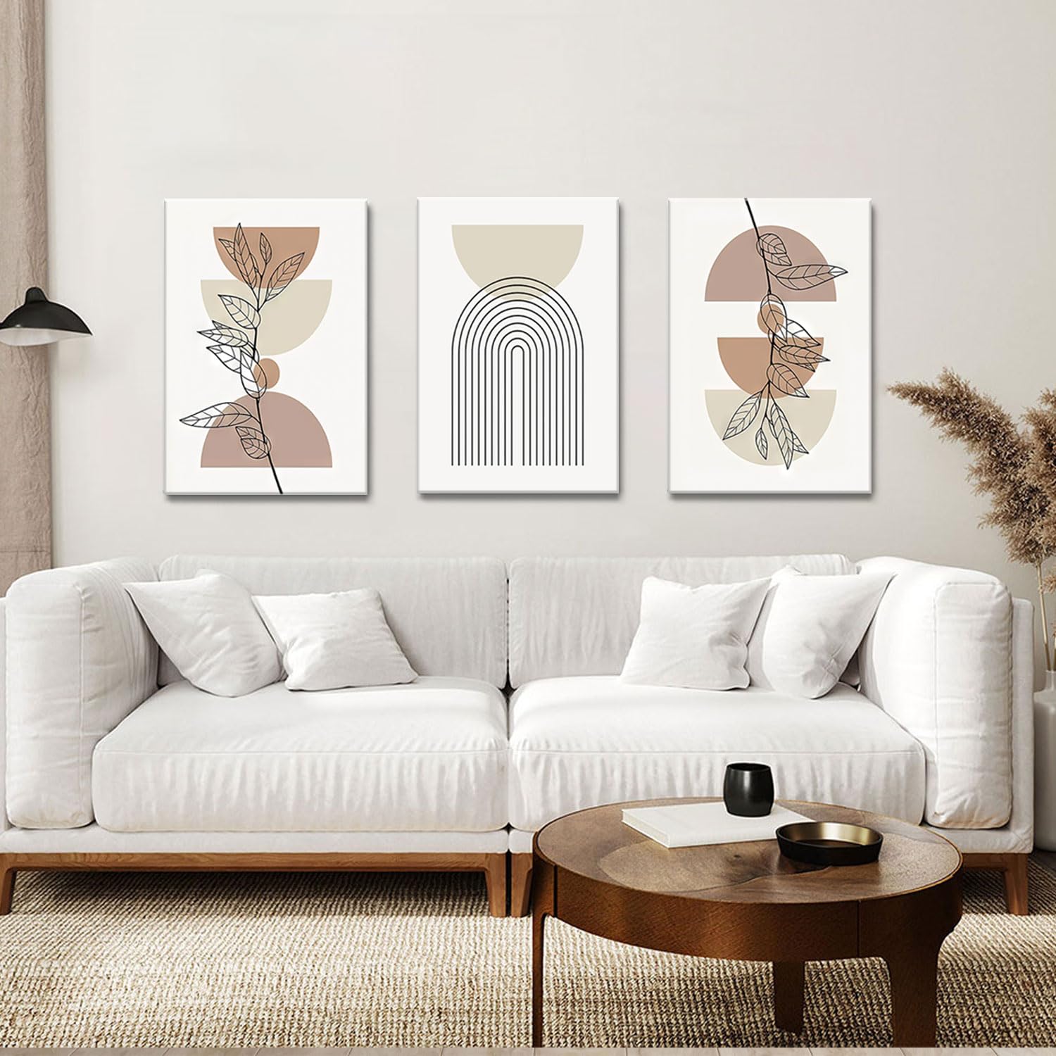 Modern Boho Wall Art Set of 3 - Abstract Geometric Line Leaf Beige Botanical Canvas Paintings Prints Wall Decor, Minimalist Wall Art for Living Room, Bedroom, Office - Framed 12x16 in