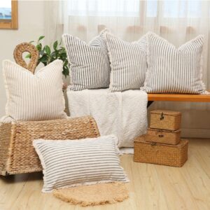 Hckot Throw Pillow Covers 18x18 Set of 2 Striped Pillow Covers with Fringe Chic Cotton Decorative Pillows Square Cushion Covers for Sofa Couch Bed Living Room Farmhouse Decor,Grey