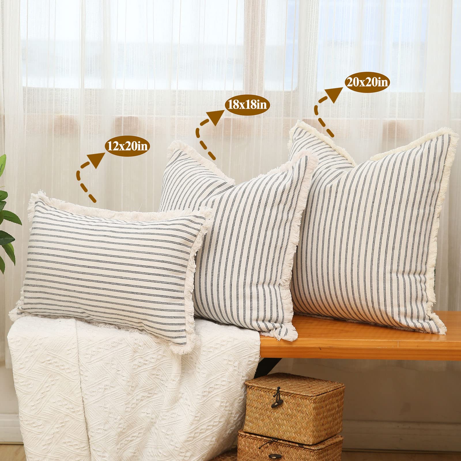 Hckot Throw Pillow Covers 18x18 Set of 2 Striped Pillow Covers with Fringe Chic Cotton Decorative Pillows Square Cushion Covers for Sofa Couch Bed Living Room Farmhouse Decor,Grey