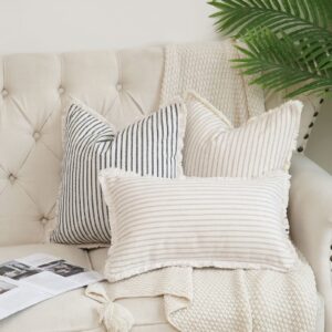 Hckot Throw Pillow Covers 18x18 Set of 2 Striped Pillow Covers with Fringe Chic Cotton Decorative Pillows Square Cushion Covers for Sofa Couch Bed Living Room Farmhouse Decor,Grey