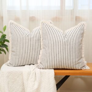 Hckot Throw Pillow Covers 18x18 Set of 2 Striped Pillow Covers with Fringe Chic Cotton Decorative Pillows Square Cushion Covers for Sofa Couch Bed Living Room Farmhouse Decor,Grey