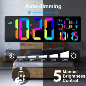 XREXS Large Digital Wall Clock with Remote Control, 17 Inch LED Large Display Count Up & Down Timer, Adjustable Brightness RGB Color Changing Clock Alarm Clock for Home, Gym, Office and Classroom