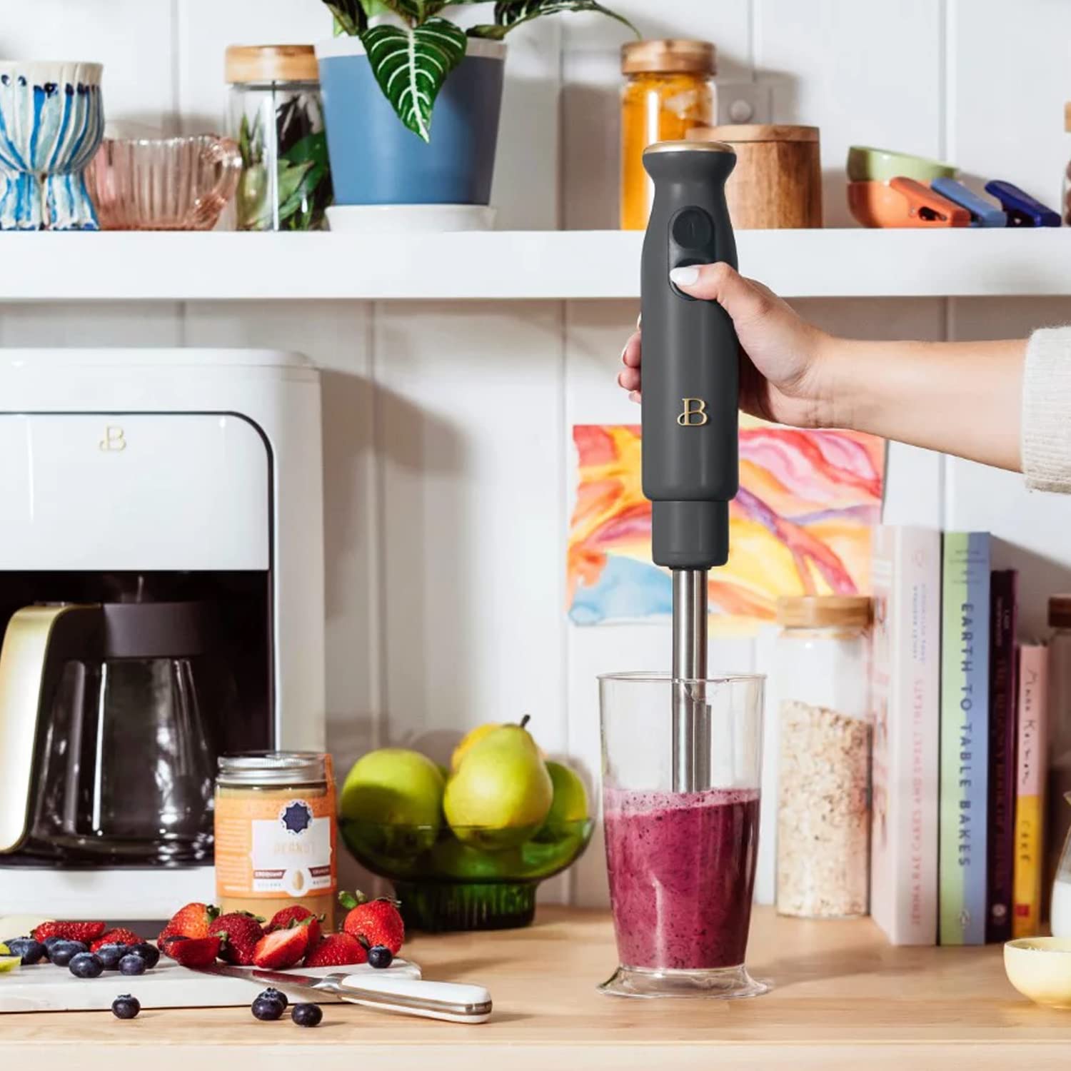 Beautiful Immersion Blender with 500ml Chopper and 700ml Measuring Cup, by Drew Barrymore (Oyster Gray)