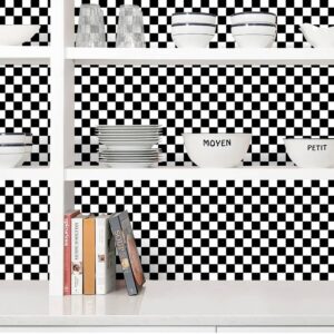 Qianglive Black and White Contact Paper Mosaic Checkered Peel and Stick Wallpaper 17.3"x120" Lattice Self Adhesive Waterproof Vinyl Roll for Bathroom Kitchen Backsplash Cabinets Shelf Liners Drawers