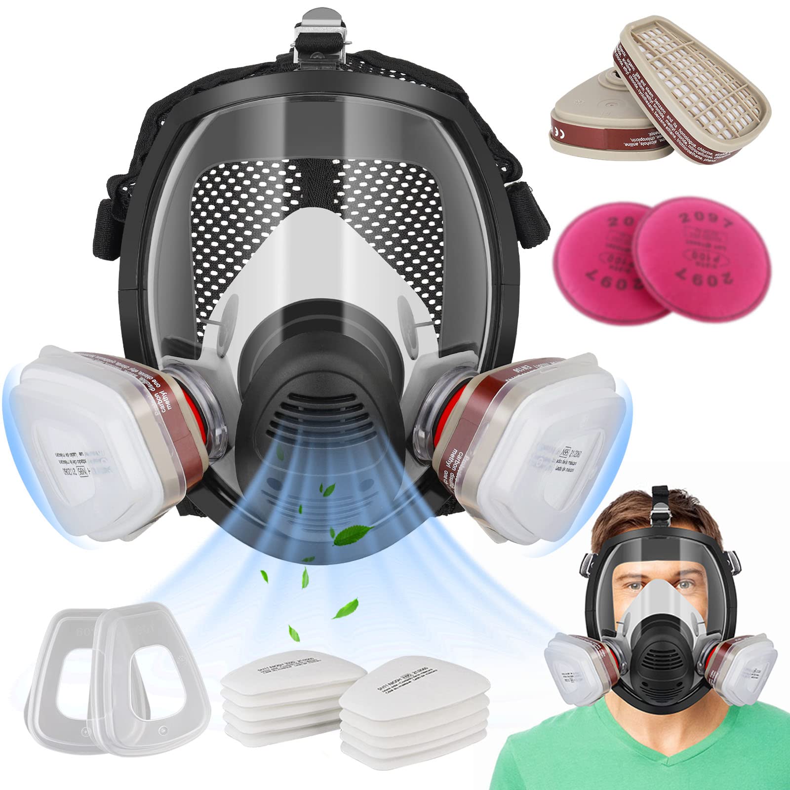 Joechul Full Face Respirator Mask, Full Face Gas Mask with 2097&6001CN Filters, Full Face Respirator Mask with Filters for Chemicals, Paint, Dust, Organic Vapor, Polishing, Welding, Spray