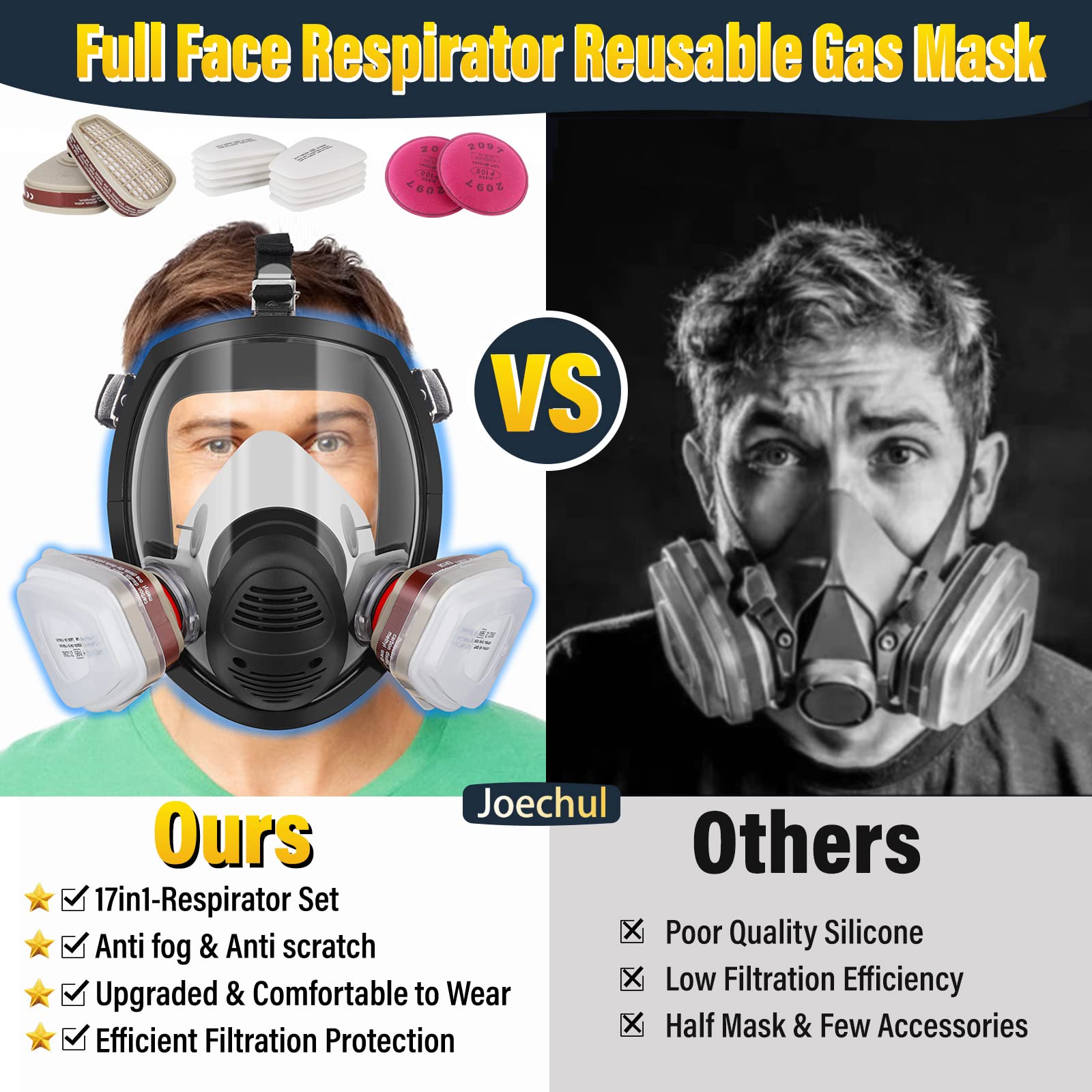 Joechul Full Face Respirator Mask, Full Face Gas Mask with 2097&6001CN Filters, Full Face Respirator Mask with Filters for Chemicals, Paint, Dust, Organic Vapor, Polishing, Welding, Spray