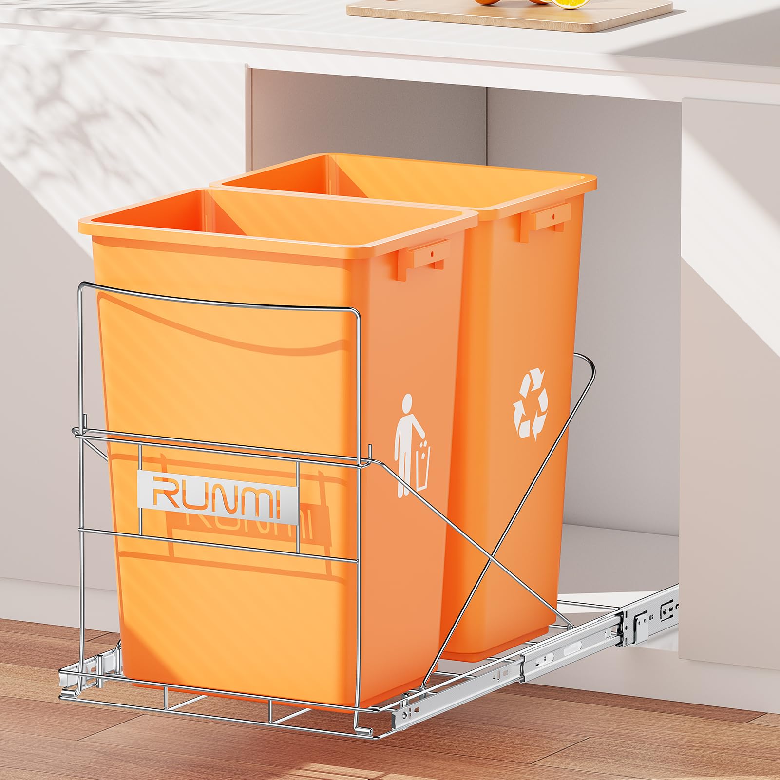 Double 37 Quart Pull Out Trash Can Under Cabinet, Under Sink Trash Can Rack, 70 Liter Total Capacity, Cabinet Trash Can Pull Out Kit, Not Included Can