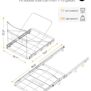 Double 37 Quart Pull Out Trash Can Under Cabinet, Under Sink Trash Can Rack, 70 Liter Total Capacity, Cabinet Trash Can Pull Out Kit, Not Included Can