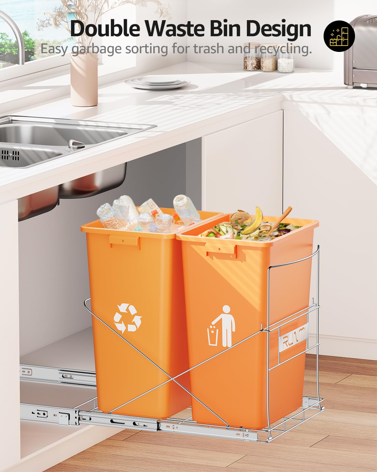 Double 37 Quart Pull Out Trash Can Under Cabinet, Under Sink Trash Can Rack, 70 Liter Total Capacity, Cabinet Trash Can Pull Out Kit, Not Included Can