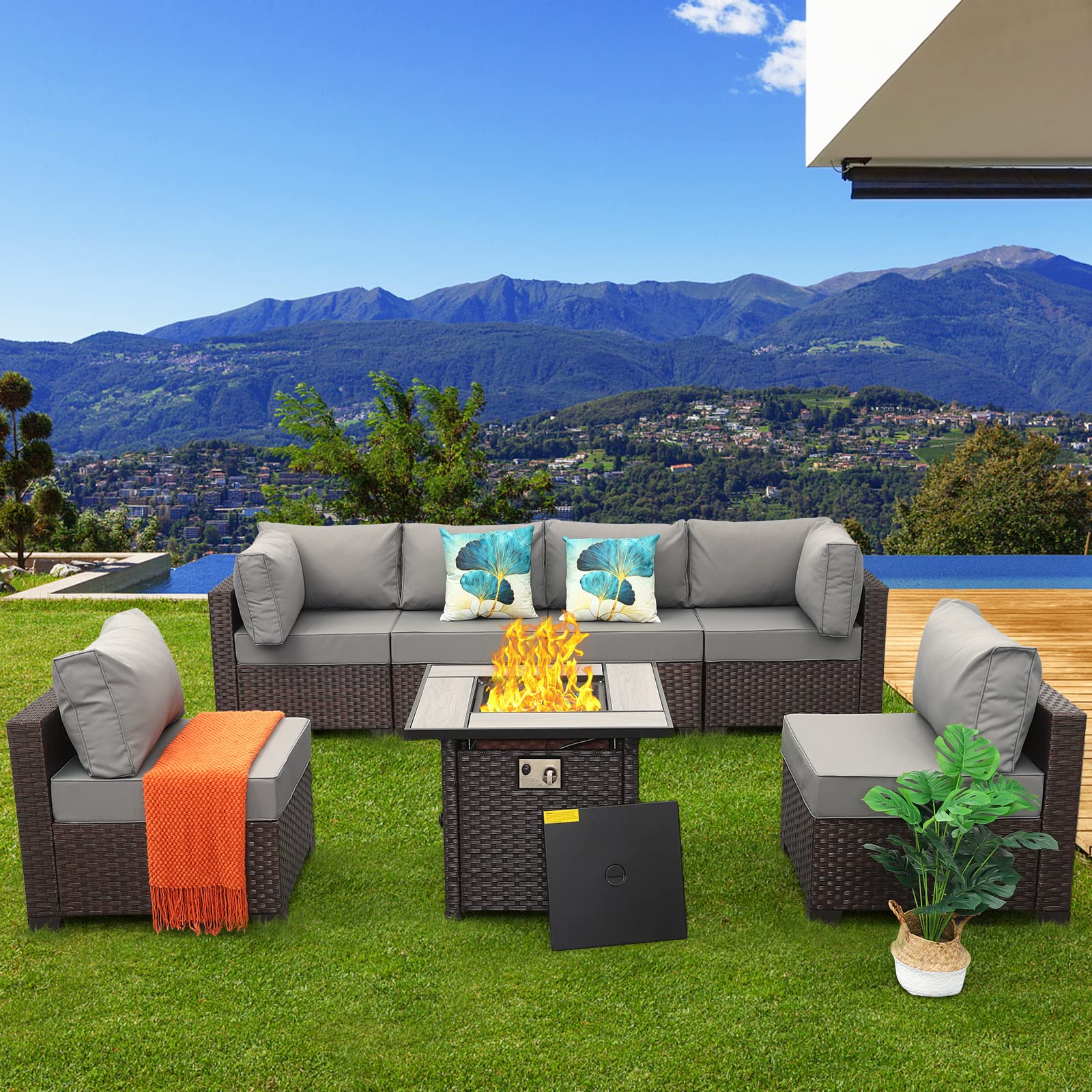 Rattaner 7 Pcs Outdoor Sectional Patio Couch 50000 BTU Wicker Propane Fire Pit Table Outdoor Furniture Set with 30 Inches Fire Pit with No-slip 5" Cushions and Waterproof Covers, Grey