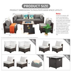 Rattaner 7 Pcs Outdoor Sectional Patio Couch 50000 BTU Wicker Propane Fire Pit Table Outdoor Furniture Set with 30 Inches Fire Pit with No-slip 5" Cushions and Waterproof Covers, Grey