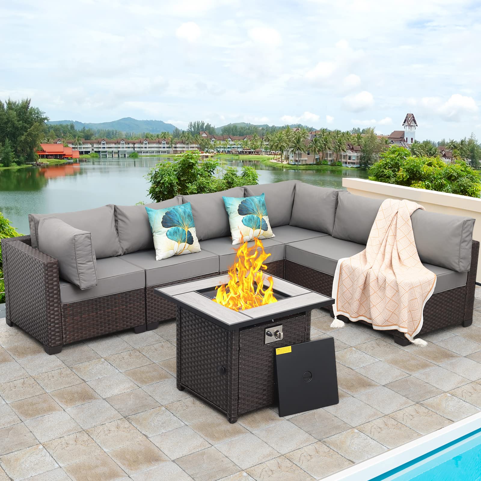 Rattaner 7 Pcs Outdoor Sectional Patio Couch 50000 BTU Wicker Propane Fire Pit Table Outdoor Furniture Set with 30 Inches Fire Pit with No-slip 5" Cushions and Waterproof Covers, Grey