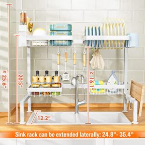 YKLSLH Over The Sink Dish Drying Rack, Expandable Large Dish Drying Rack, Suitable for Most Sinks (24.8 "-35.4") Adjustable Over Sink Dish Drying Rack, Metal Drying Rack Space Saving, White