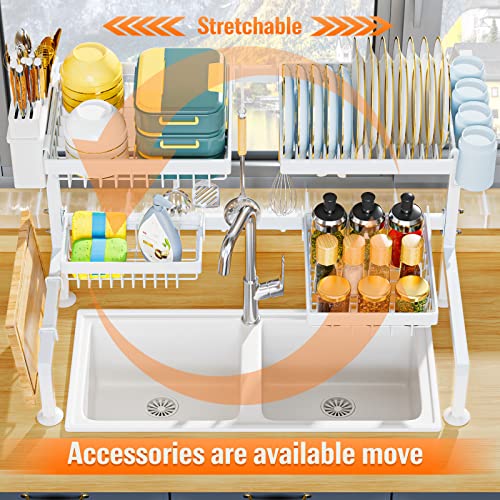 YKLSLH Over The Sink Dish Drying Rack, Expandable Large Dish Drying Rack, Suitable for Most Sinks (24.8 "-35.4") Adjustable Over Sink Dish Drying Rack, Metal Drying Rack Space Saving, White