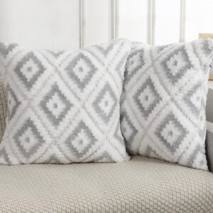 NUYECY Faux Fur Boho Throw Pillow Covers 20 x 20 Light Grey,Super Soft Plush Decorative Checkerboard Pattern Neutral Fur Square Pillow Cover Pillowcase Cushion Covers for Sofa Couch Bed Farmhouse