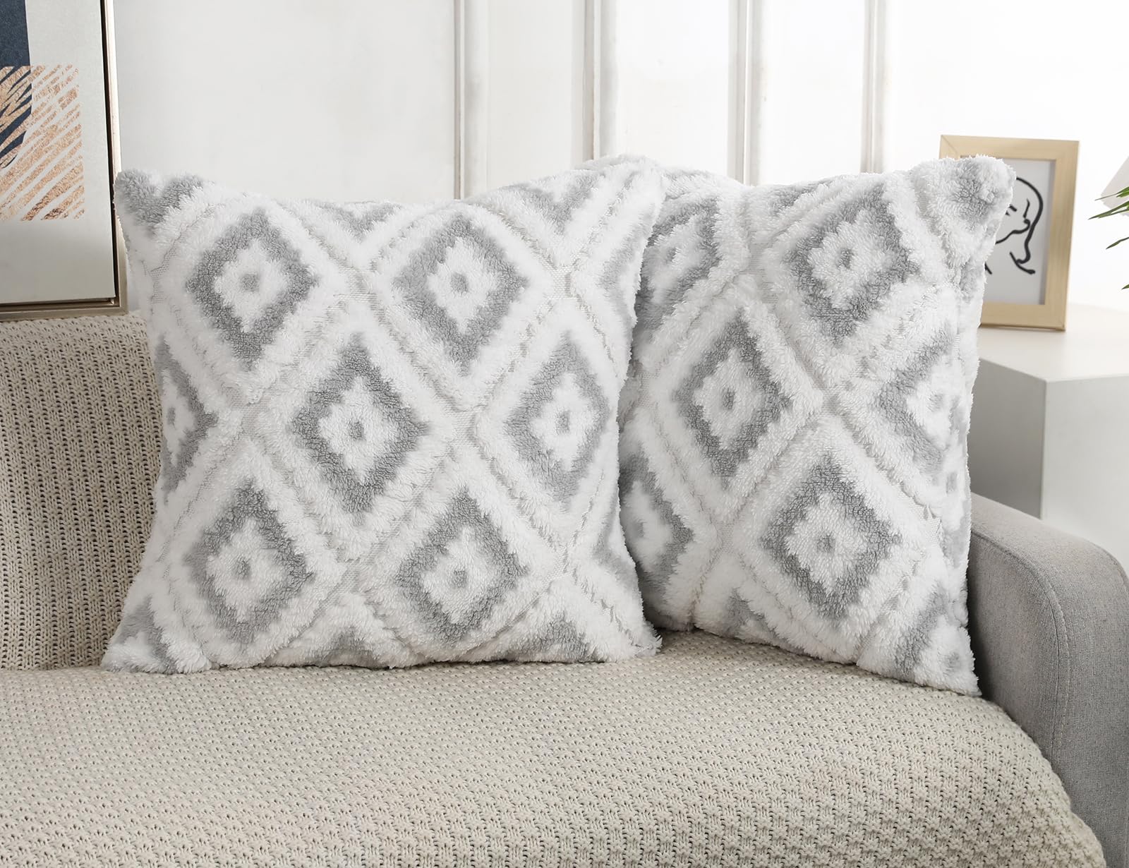 NUYECY Faux Fur Boho Throw Pillow Covers 20 x 20 Light Grey,Super Soft Plush Decorative Checkerboard Pattern Neutral Fur Square Pillow Cover Pillowcase Cushion Covers for Sofa Couch Bed Farmhouse