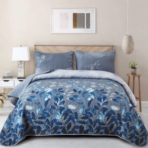 wongs bedding blue floral quilt set california king, 3 pieces botancal leaves bedspread coverlet set with 2 pillowcases for all season, soft microfiber floral bedding set 106"×96"