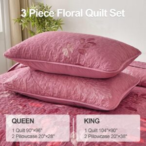 WONGS BEDDING Red Floral Quilt Set King Size,3 Pieces Botancal Leaves Bedspread Coverlet Set with 2 Pillowcases for All Season, Soft Microfiber Floral Bedding Set 104"×90"