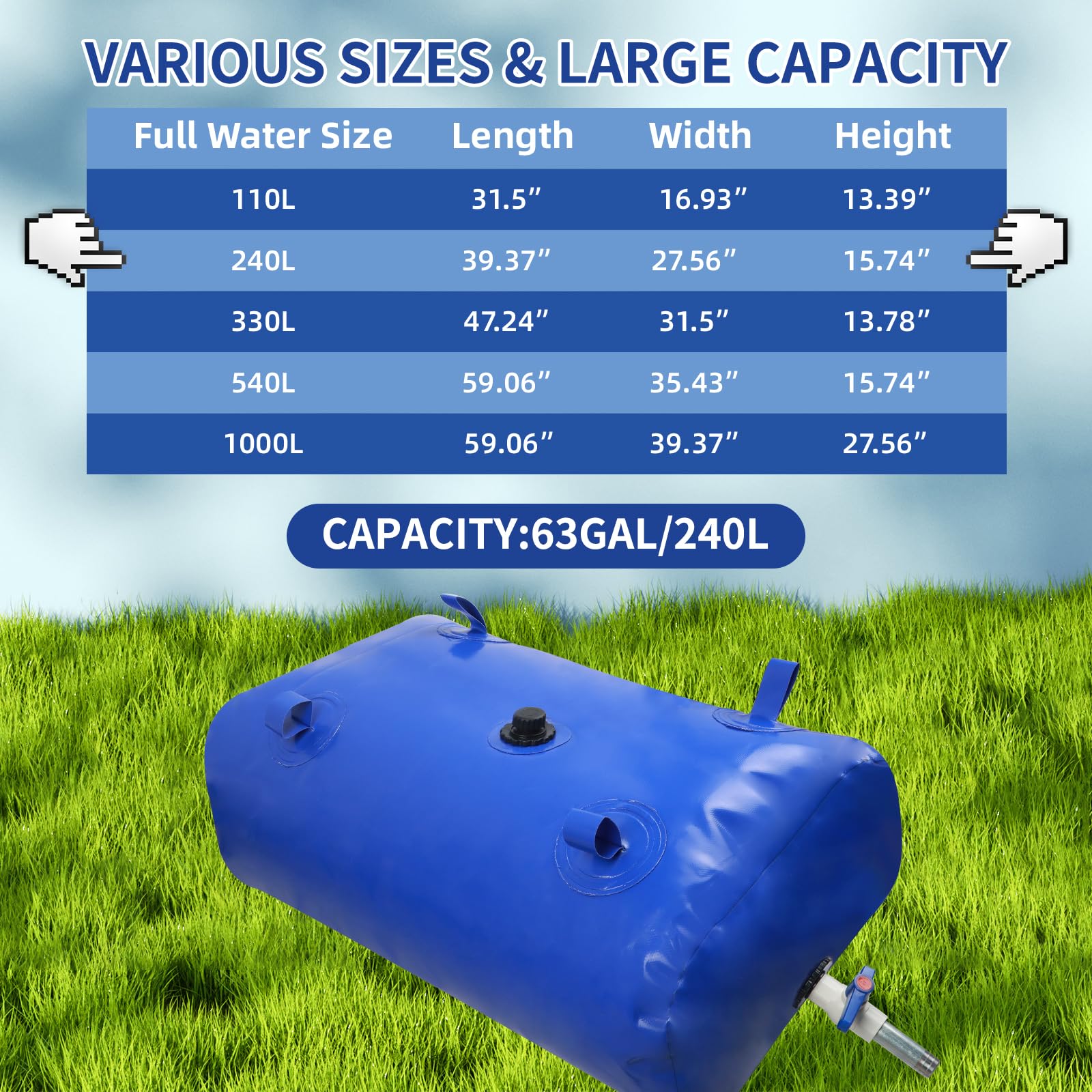 63gal Water Storage Bladder with Valve,Portable Large Capacity Water Tank,Collapsible Rain Barrel & Water Storage Container,for Camping,Fire Protection, Agricultural Irrigation & Emergency Water(240L)