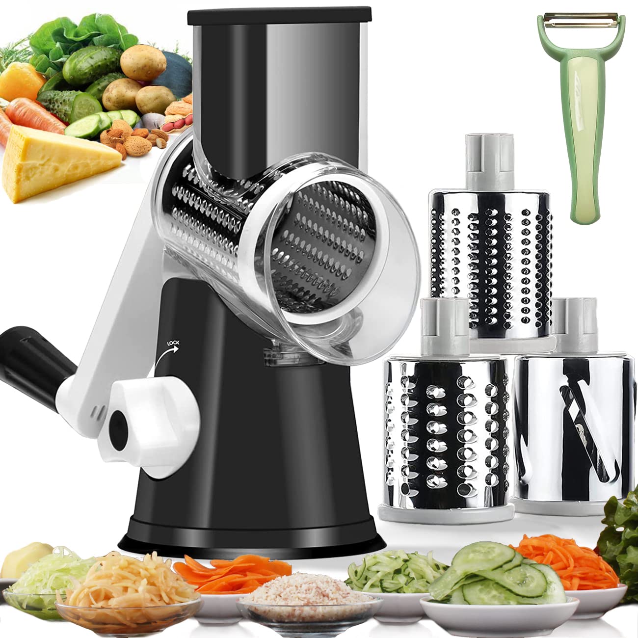 Handheld Rotary Cheese Grater Shredder- 3 Interchangeable Stainless Steel Drum Blades Manual Round Mandolin Vegetable Slicer Nut Grinder with Upgraded Strong Suction Base & Free Sharp Peeler, Black