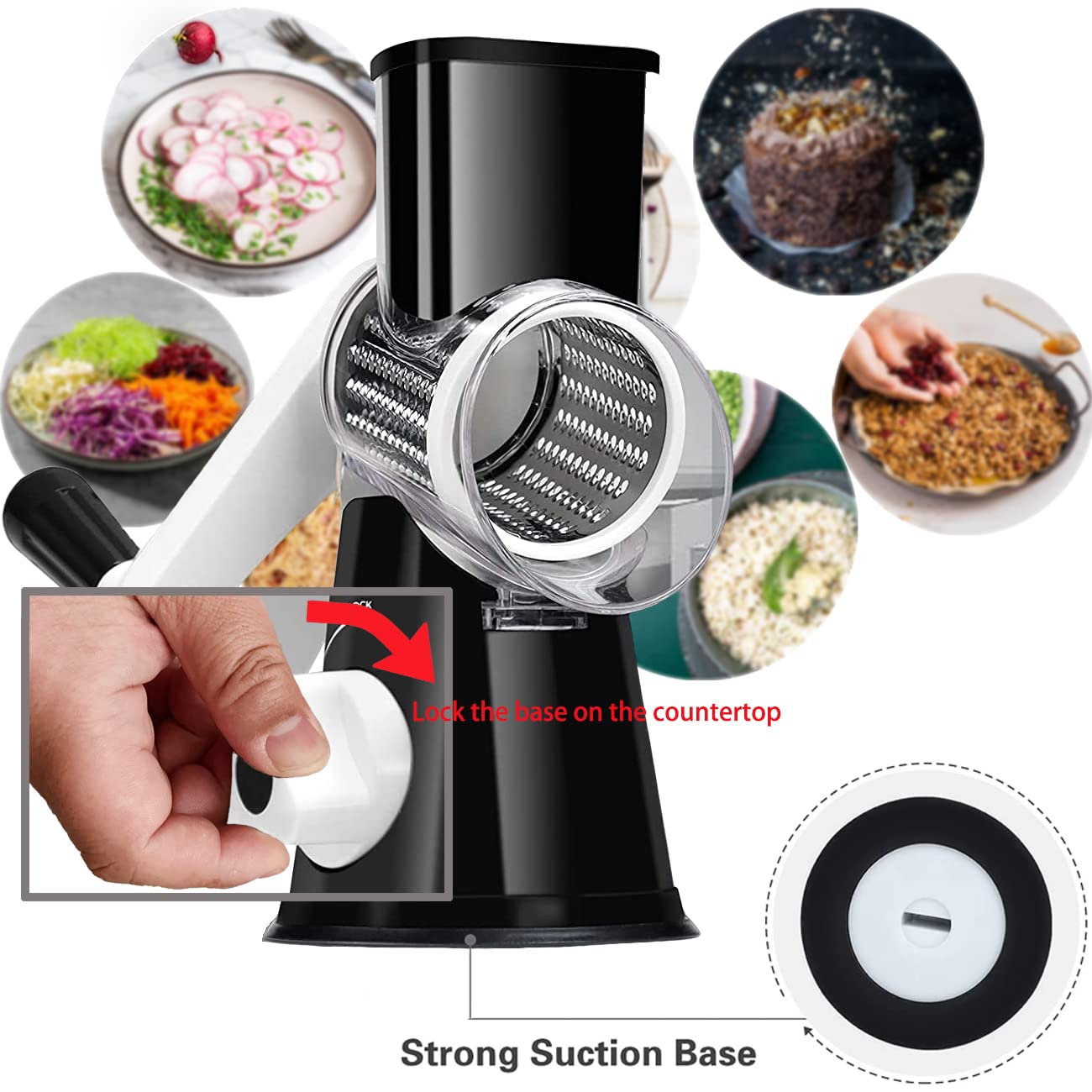 Handheld Rotary Cheese Grater Shredder- 3 Interchangeable Stainless Steel Drum Blades Manual Round Mandolin Vegetable Slicer Nut Grinder with Upgraded Strong Suction Base & Free Sharp Peeler, Black