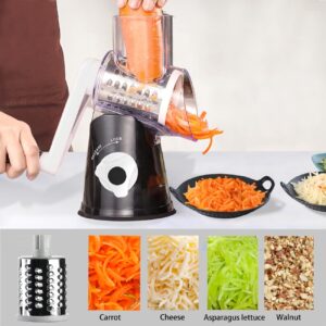 Handheld Rotary Cheese Grater Shredder- 3 Interchangeable Stainless Steel Drum Blades Manual Round Mandolin Vegetable Slicer Nut Grinder with Upgraded Strong Suction Base & Free Sharp Peeler, Black