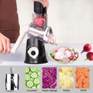 Handheld Rotary Cheese Grater Shredder- 3 Interchangeable Stainless Steel Drum Blades Manual Round Mandolin Vegetable Slicer Nut Grinder with Upgraded Strong Suction Base & Free Sharp Peeler, Black